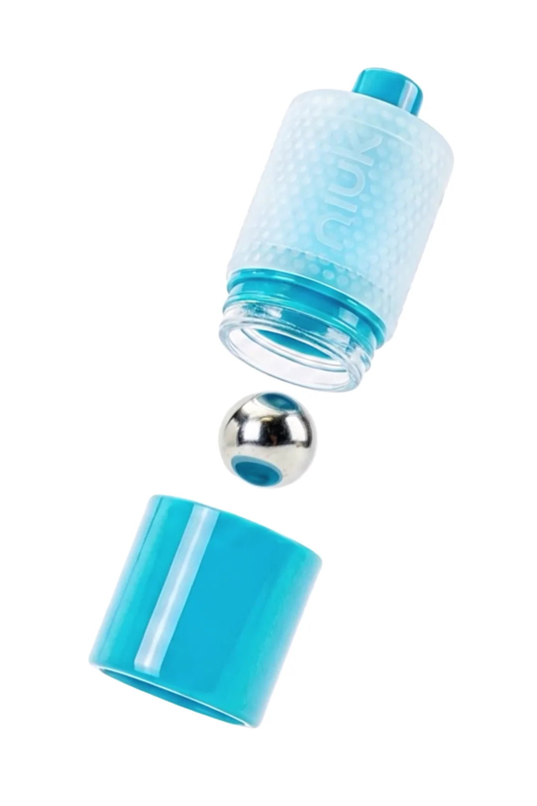Vue éclatée du roll-on Niuk Sport : bille en acier, capuchon à −18 °C, corps applicateur de sérum.
